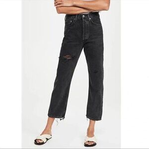 AGOLDE‎ 90s Crop Jeans Womens 27 Black High Rise Distressed Button Fly Raw Hem